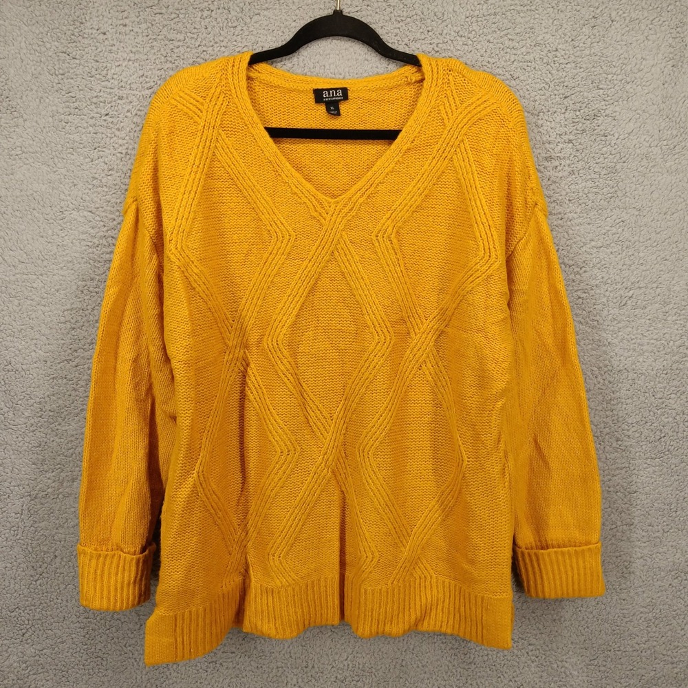 a.n.a. V-Neck Sweater XL Diamond Knit Pullover‎ Long Sleeve Mustard Yellow